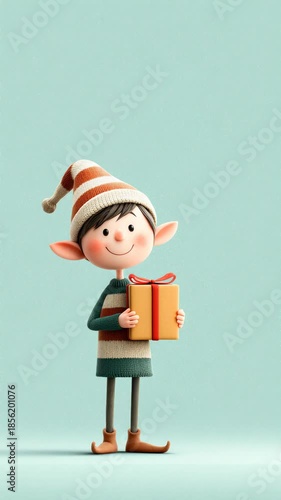 Playful christmas elf character tossing and catching a gift box on a pastel background - joyful holiday delivery, festive motion, and seasonal marketing 