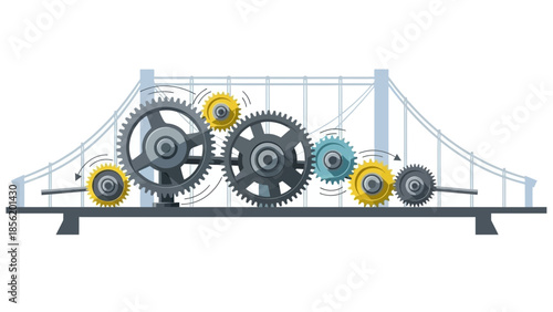 Interlocking gears on a bridge structure symbolize mechanical operation.