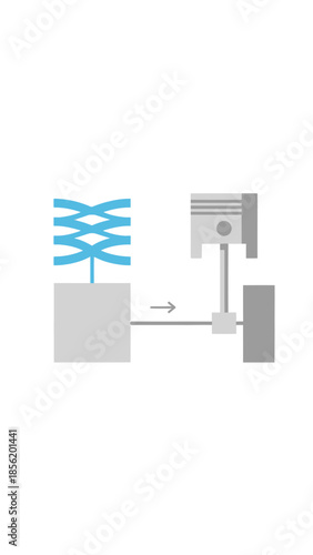 Diagram shows a piston connected to a wheel via a mechanism.