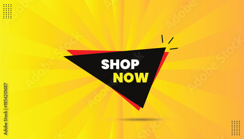 shop now editable sticker icon label eps format template design with black red shapes yellow bold font yellow orange abstract hot background