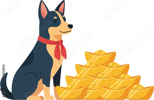 Cute Cartoon Dog with Stack of Golden Sycee Ingots for Lunar New Year Prosperity and Wealth, Isolated on White Background