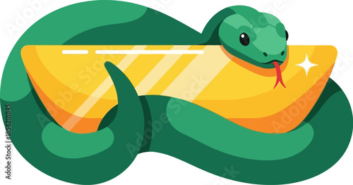 Stylized Green Snake Guarding Golden Bar Vector Illustration Symbolizing Wealth and Financial Security