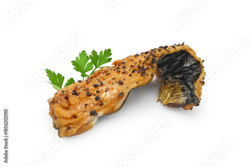 Hot smoked mackerel fillet with black pepper isolated on white background