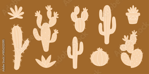 Cactus, silhouettes of desert plants in beige tones on brown background. Botanical illustration. Linear plant elements.