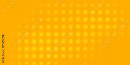 Yellow halftone pattern. Retro comic gradient background. Bright orange pixelated dotted texture overlay. Cartoon pop art faded gradient pattern. Vector backdrop for poster, banner, advertisement
