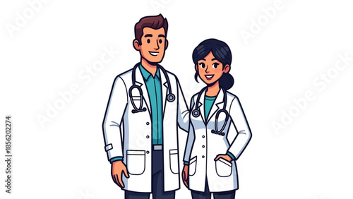 Illustration of a male and female doctor standing together in white coats with stethoscopes around their necks