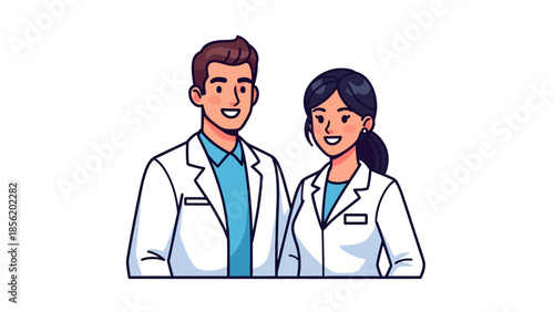 Professional couple in white lab coats standing together, smiling, and facing forward in a clinical environment.