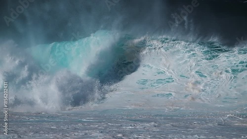 Hawaiian wave. Big ocean wave breaks on the Hawaiian shore, famous Pipeline surf spot on the Oahu island