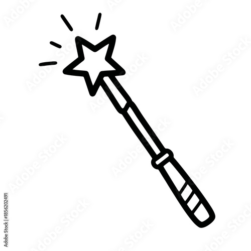 Simple black and white illustration of a magic wand with a star.