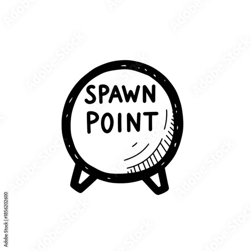 Simple black and white illustration of a sign with the text Spawn Point.