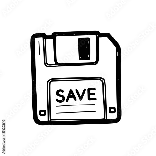 Vintage Floppy Disk with Save Label Illustration.