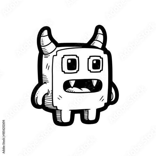 A cartoon monster with horns and sharp teeth.