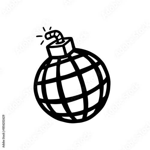 Simple black and white illustration of a grenade with lit fuse.
