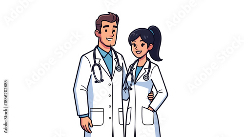 Professional couple in medical attire standing together, viewed from the front