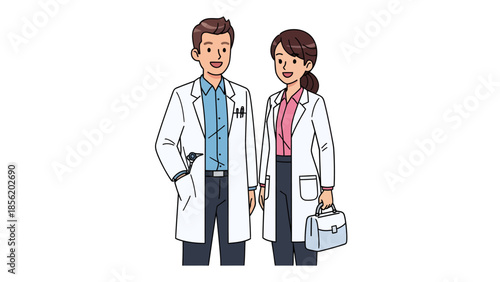 Professional couple in lab coats standing together in a medical environment