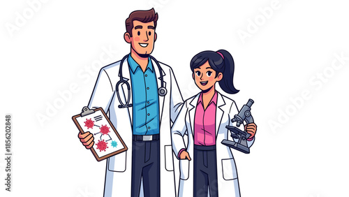 Professional couple in lab coats working together in a laboratory setting