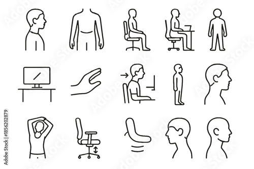 Healthy icons aligned posture icon vector seated desk neutral angle active ears