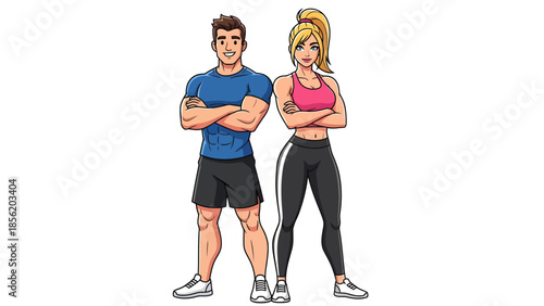 Couple in athletic attire standing confidently with arms crossed in a relaxed pose