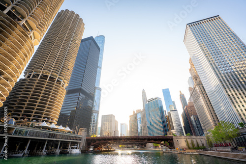 Downtown Chicago skyline with Chicago River 