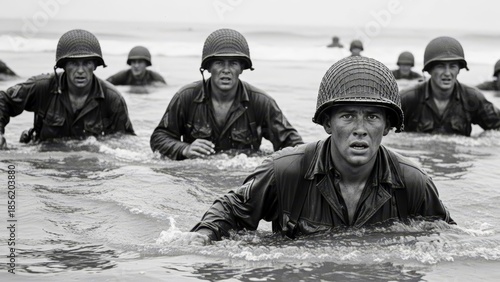 Dramatic D-Day style photography showing the intensity of war and amphibious assault.