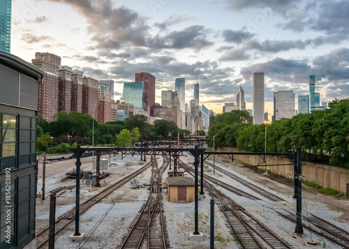 Chicago skyline with railroad tracks 