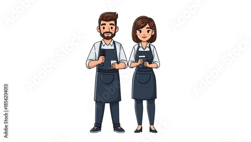 Illustration of a professional couple standing together, using their devices, in a workplace setting with a clean background.
