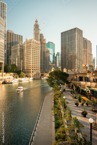 Downtown Chicago skyline with Chicago River 