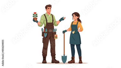 Couple working together on a gardening project, standing side by side with tools in hand, outdoors in a casual setting