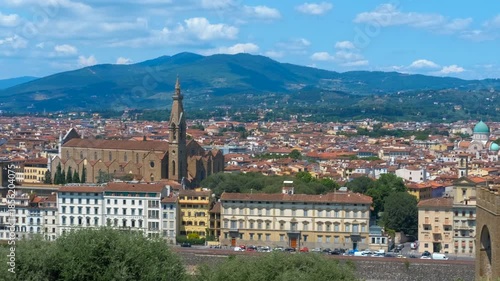 Panoramic views of florence from piazzale michelangelo. Beautiful panoramic views of florence, italy, showcasing the city's skyline with the duomo, palazzo vecchio, and arno river under a blue sky