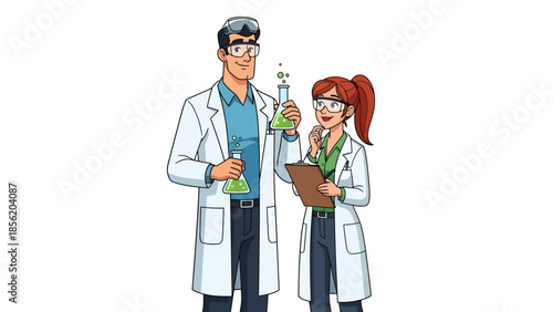 Couple in lab coats conducting scientific research together in a laboratory setting