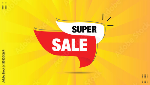 Super sale vector illustration design with red gradient and white shapes with yellow and orange background label sticker design