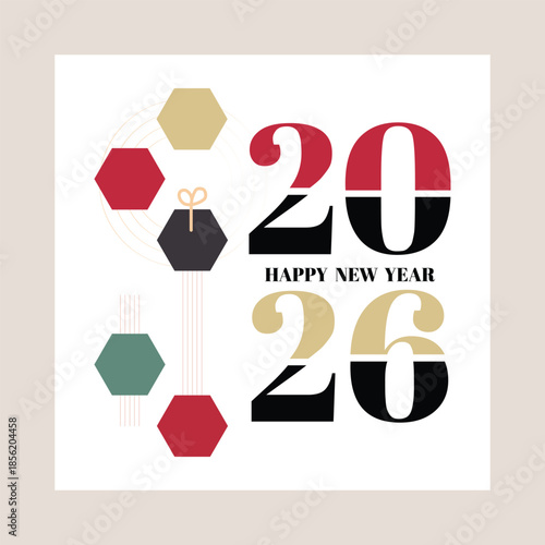 Happy new year 2026 greeting card design with abstract geometric decorations