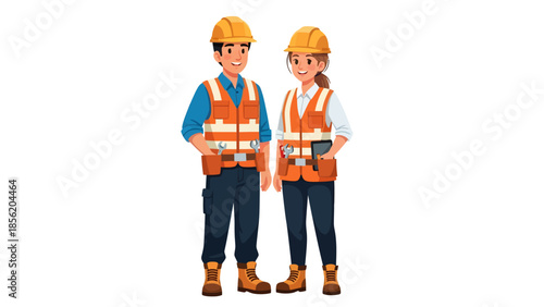 Two construction workers standing together wearing hard hats and safety vests in a workplace environment