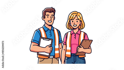 Professional couple wearing safety vests standing together in a workplace environment.