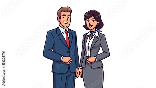 Professional couple in business attire standing together in a formal setting