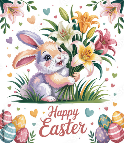 Happy Easter Greeting with Bunny Surrounded by Colorful Easter Eggs