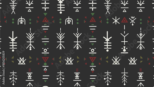 Cultural Pattern with Abstract Geometric Symbols and Stylized Ethnic Motifs, Repeating White Figures with Red and Green Accents on a Dark Background for Festive Designs