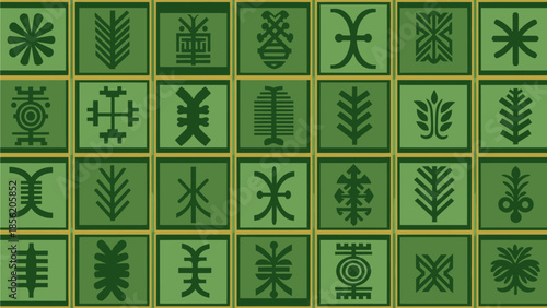Green and Gold Adinkra Symbols Grid Pattern Vector Background