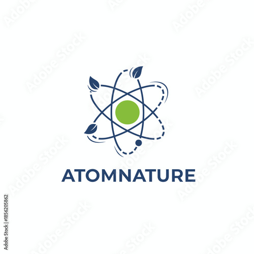 A modern logo featuring an atomic structure with leaves as electrons and a green nucleus for 