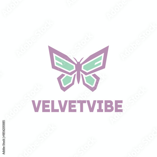A geometric purple and mint butterfly logo with sharp, modern lines, representing elegance and transformation for the lifestyle brand VelvetVibe.