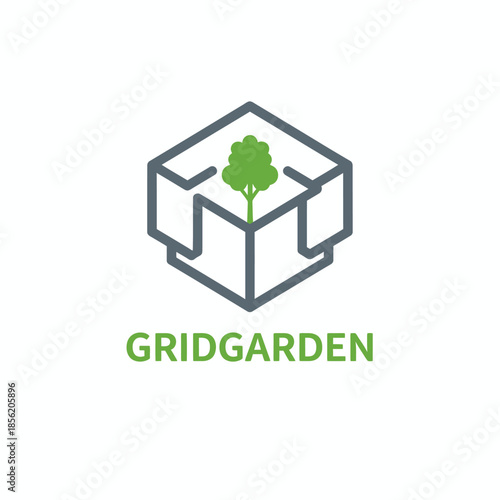 A modern eco-logo featuring a green tree growing inside a gray isometric hexagonal box frame. The text 