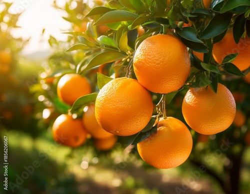 bunch of fresh ripe oranges hanging on a tree in orange garden