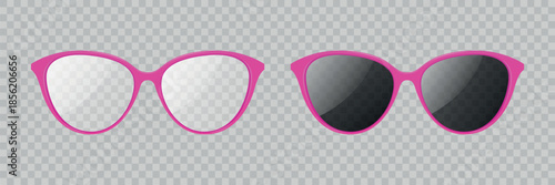 Pink Sunglasses, Vector Illustration. Realistic Fashion Eyeglasses and Dark Lens Sunglasses, Front View Summer Accessory. Glossy Plastic Frame Glasses Icon Set, Isolated, Front View