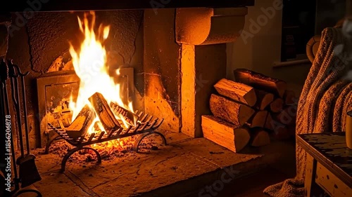 A cozy fireplace scene with logs and a warm glow, inviting relaxation.