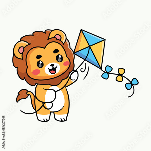 Cute Lion Flying Kite Cartoon Illustration