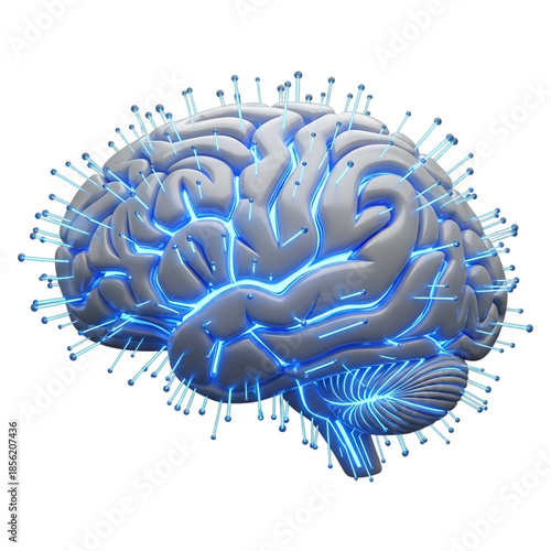 Futuristic glowing blue human brain with neural connections and data spikes, representing artificial intelligence and advanced computing, isolated on transparent background.