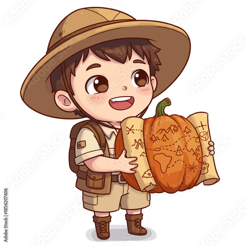 Cute cartoon illustration of a smiling little boy holding a toy and a little girl wearing a big hat in a fun childhood scene