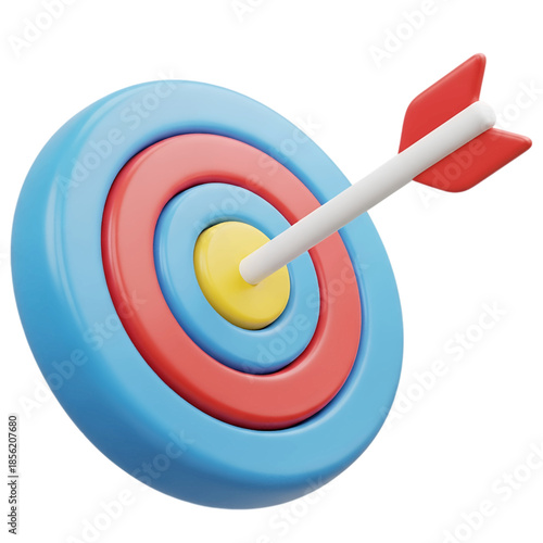 3D render of a colorful target board with an arrow precisely hitting the yellow bullseye, symbolizing success, goal achievement, and accuracy, isolated on transparent background.
