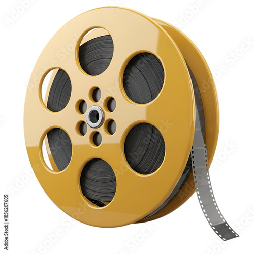 A 3D rendered golden film reel with dark film strip unwinding, symbolizing cinema, movies, and entertainment, isolated on transparent background.