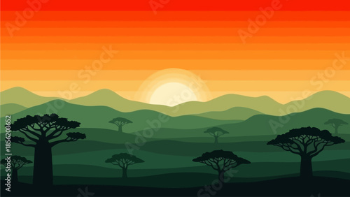 Flat Vector African Savannah Sunset Landscape with Baobab Trees